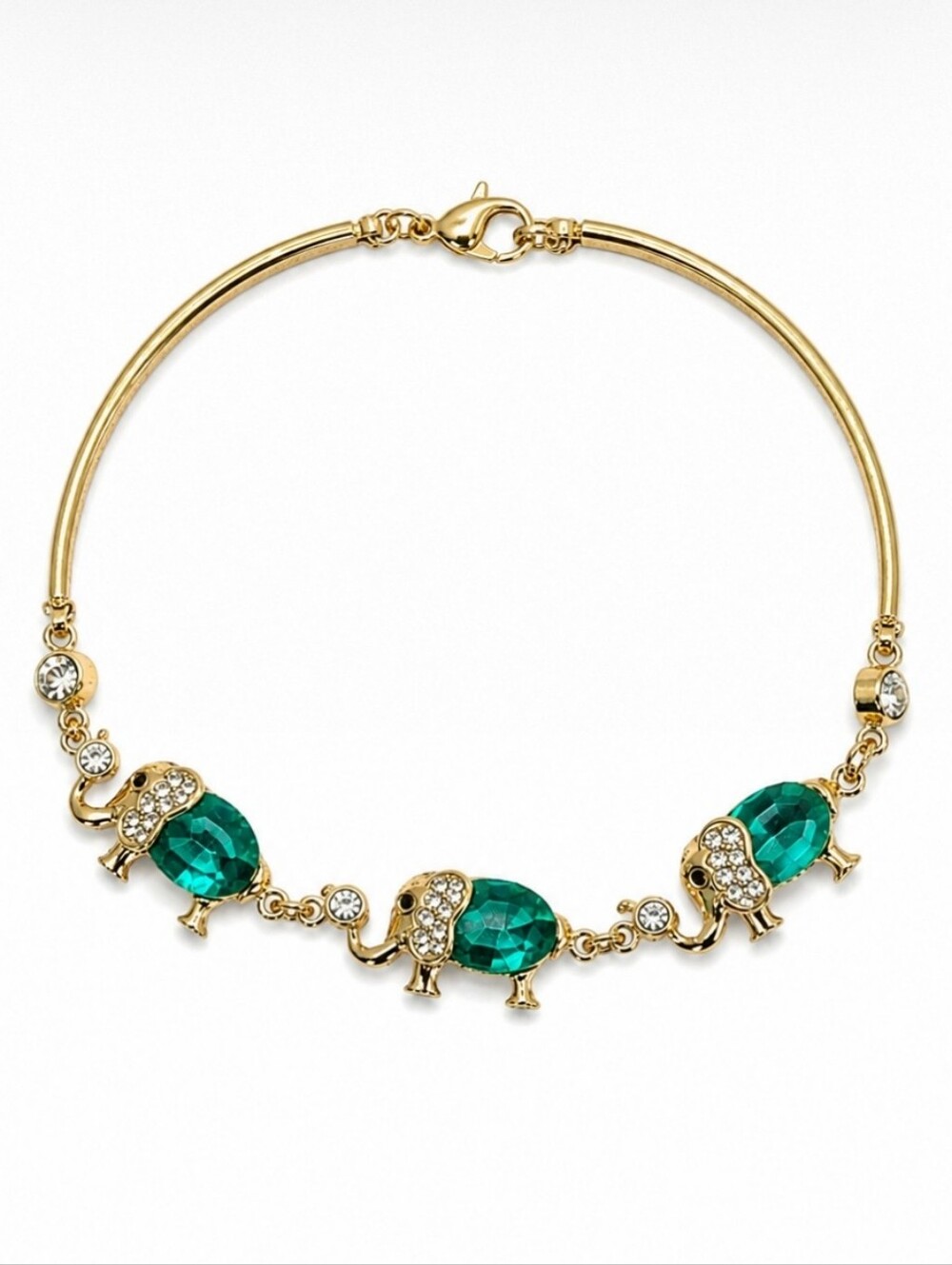 Dark Faceted Teal 18kt Gold Plated Puffed Lucky Elephant Segmented Bracelet NEW